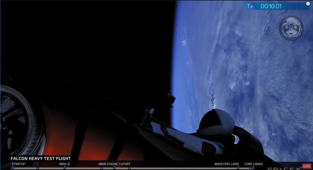 Actual view of the Tesla Roadster and Starman dummy headed for their new Mars crossing orbit around the sun.